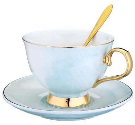 XUDREZ Porcelain Tea Cup Coffee Mug Set for Morning Tea - with Coffee Cup + Saucer + Teaspoon, 200ml (Blue)