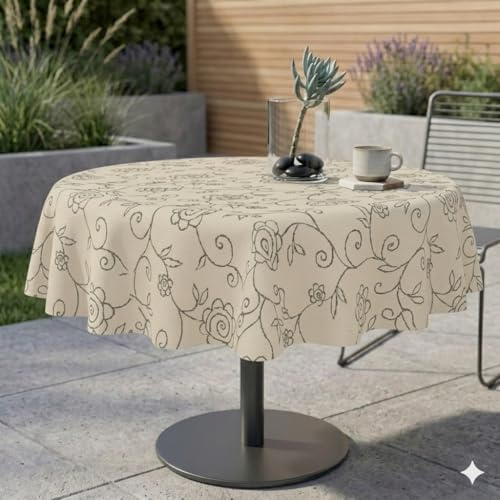 Miami Tischdecke Gartentischdecke Mediterran Creme Rund 160 cm | Meterware Outdoortischdecke Campingtischdecke für Outdoor, Camping, Garten oder Terrasse