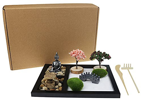 Mini Zen Garden Kit, Buddha Resin Crafts Sandbox Ornaments, Zen Garden Rake Bamboo Tool, Outdoor Garden Miniatures, Natural Stone Home Office Decorations Gift