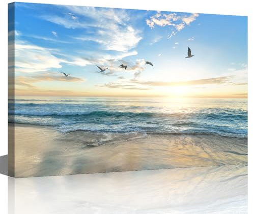 Wall Art Sunset Seaside Natural Scenery XL Large Painting on Canvas Stretched and Framed Canvas Paintings Ready to Hang for Home Decorations 24x36inch (60x90cm)
