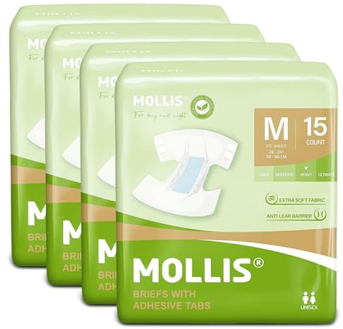 MOLLIS Windeln für Erwachsene, Windelhosen für Männer und Frauen, Inkontinenz Slip mit Tabs, maximale Saugfähigkeit, Auslaufschutz über Nacht, Unisex, Größe M, 60 Stück