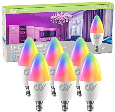 GY Alexa Glühbirne Smart Lampe E14 C37 6W 600lm,Alexa Zubehör WLAN Leuchtmittel Kompatibel mit Google Home 2.4 GHz,RGB Dimmbar Warmweiß-Kaltweiß und Mehrfarbige Birne,6 Stück