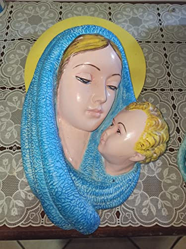 Madonna con Gesu' bambino,in Gesso Decorata a Mano, Manto Azzurro (sebastianogiuliano.com)