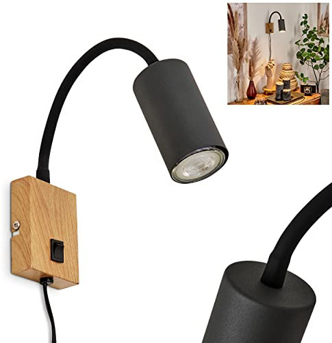 Wandleuchte Javel, verstellbare Wandlampe aus Kunststoff/Metall in Holzoptik/Schwarz, 1-flammig, 1 x GU10, ohne Leuchtmittel, moderne Leselampe mit verstellbarem Lesearm & An- & Ausschalter am Gehäuse
