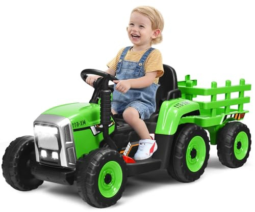 OLAKIDS 12V Kids Ride On Tractor, 2 in 1 Electric Vehicle with Remote Control, Detachable Trailer, Toddlers Battery Powered Driving Toy with 2 Speeds, Music, USB, Bluetooth, Lights (Green)