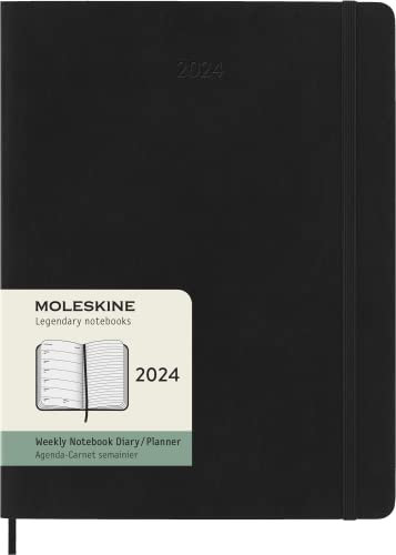 Moleskine Agenda Settimanale con Spazio per Note 12 Mesi 2024, Agenda 2024, Formato XL 19x25, Copertina Morbida e Chiusura Elastica, Colore Nero