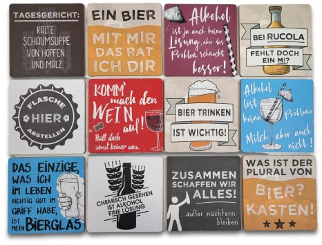 BUSDUGA 4106 Korkuntersetzer Slogans, 12er Set, Glasuntersetzer mit lustigen Zitaten 9,5x9,5cm