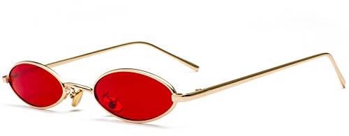 Ggpyyon Vintage Kleine Ovale Sonnenbrille für Frauen Männer Retro Hippie Gläser Brille Metallrahmen Trendy UV400 Schutz(Gold/Rot)