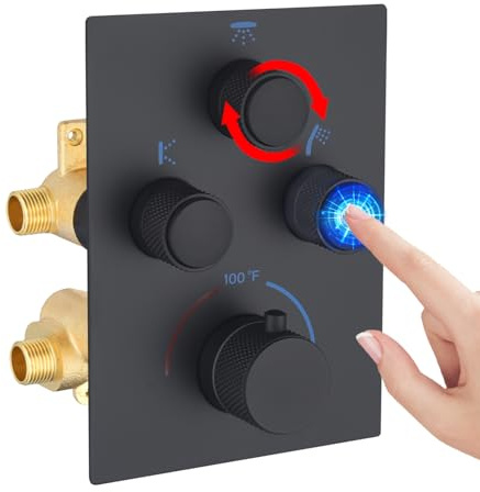 NPYSVSSS Modern Push Button 3 Way Thermostatic Shower Valve, Concealed Multi Function Brass Faucet Rough-In Mixer Shower Diverter Valve Kit Can Control Flow and On-Off Simultaneously, Matte Black