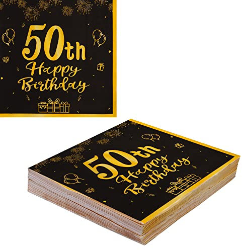 VReder Servietten 50 Geburtstag, Schwarz Gold Papier Party Servietten, Happy Birthday 50. Servietten für Mann Frau Geburtstag Feiern Party Decorations 40 Stück
