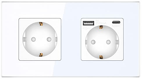 PULSAR Steckdose für USB-A und USB-C 2 Fach Weiß Glas Doppelsteckdose Unterputz Flache Wandsteckdose 157x86mm Doppelte Steckdose mit Kindersicherung