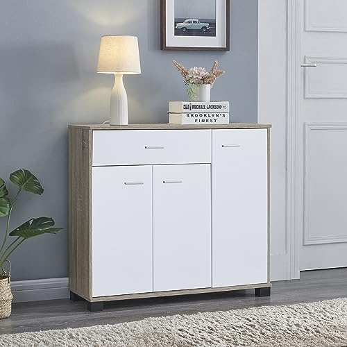 [en.casa] Comò Armadio Basso Madia con Cassetto e Ante Armadietto Stretto Multiuso Mobile Portascarpe 72 x 80 x 28 cm - Effetto Rovere/Bianco