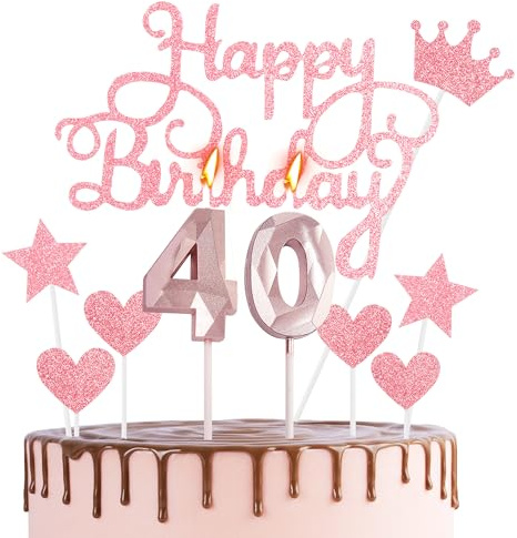 Rose Gold 40th Birthday Cake Topper & Candles - Rose Pink 40 Candles for Cake & Cupcakes