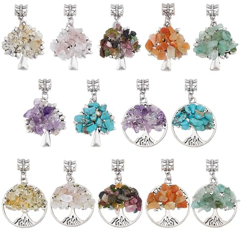 SUPERFINDINGS 28 pz 14 stili Albero Della Vita Pendenti con Pietre Preziose Pendenti con Cristalli Chakra Quarzo e Ciondoli con Pietre Preziose Miste Piatto e Rotondo per La Creazione di Gioielli