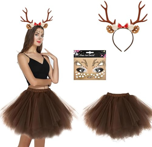 Jiahuade Rentier Karneval Damenkostüm, Rentier Geweih Haarreifen mit Rentier Ohren, Reh Bambi Cape mit Kapuze, Glitter Gesichtstattoo, Reh Tier Kostüm Karneval für Fasching Weihnachten Motto Party