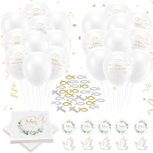 Kommunion Deko,Taufe Deko Junge Mädchen 40 Holz Fische Deko+40 Servietten+20 Luftballons+10 Kreuz Deko, Konfirmation Deko Fisch Dekoration Tischdeko für Taufe, Kommunion,Konfirmation