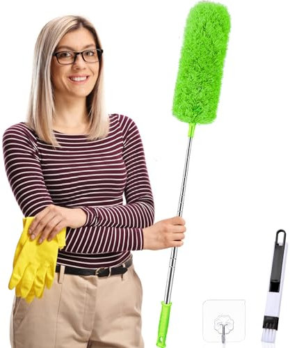 Feather Duster,Dusters For Cleaning Extendable,With30-240cm Pole Telescopic Cobweb Brush,Long Pole Handled Retractable Gap Dust Cleaner,Reusable Bendable Washable,For Ceiling Fan Ceiling Green