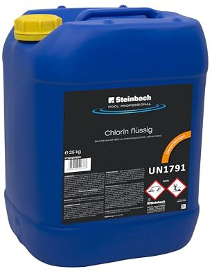 Steinbach Poolpflege Chlorin flüssig - 0752925PD00-25 kg - Flüssiges Desinfektionsmittel auf Chlorbasis - Für automatische Dosieranlagen - Kalkhemmend & stabilisiert - Wirkt gegen Algen