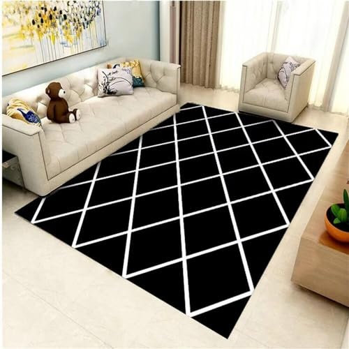 RUGMRZ Outdoor Teppiche Balkon Webteppich Schwarzes und weißes geometrisches Muster quadratische Dekoration Wohnzimmer Zubehör verschleißfest langlebig Designer Teppich 70X140CM