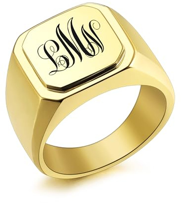 INBLUE Personalisierte Gravierte Name/Initial Monogramm Signet Ringe für Männer mit Optionalen Größe 54-75 Edelstahl Buchstabe Ringe mit Ringe Größe Adjusters Mode Ringe Schmuck für Jahrestag