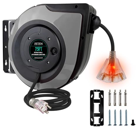 FSTSN 75ft Retractable Extension Cord Reel - 14 AWG/3C SJTOW Heavy Duty with 3 Lighted Outlets, 10A Breaker - Wall/Ceiling Mount for Indoor Outdoor Garage, Workshop Grey.