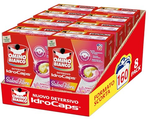 Omino Bianco Idrocaps - Detersivo Lavatrice In Capsule Salva Fibre, 160 Lavaggi, Efficace a Basse Temperature, Profumo Ninfea Rosa, 20 Caps x 8 Confezioni