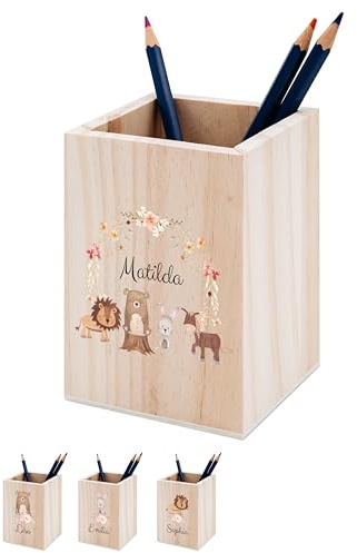 wunderwunsch® - Personalisierter Stiftehalter Kinder aus Holz - Kreativer und praktischer Schreibtisch-Organizer Kinder mit Namen - Perfektes Einschulung Geschenk und Geburtstag (Tiere Blumenkreis)