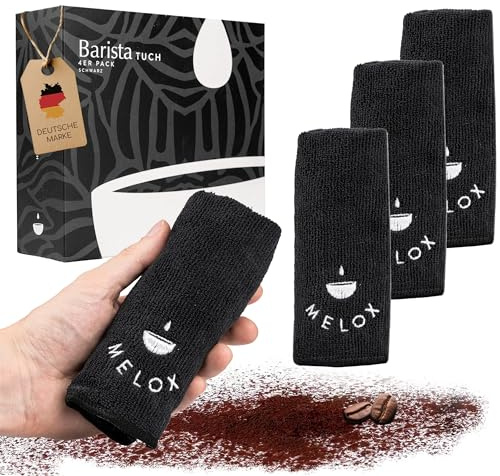 MELOX® - Juego de 4 paños de microfibra Barista de 30 x 30 cm, color negro - Toalla de limpieza para vapor, portafiltros y cafeteras - Toallitas y trapos para limpieza y cuidado absorbentes