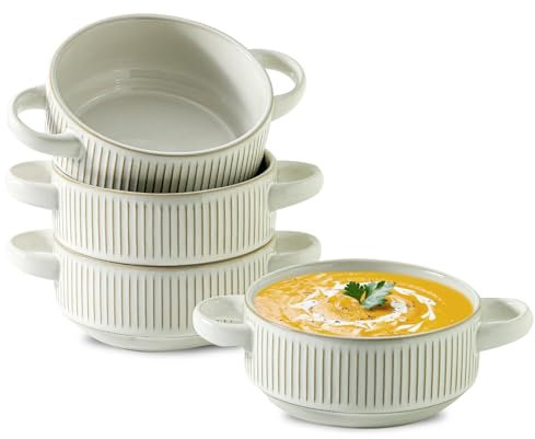 Howise Soup Bowls with Handles, 23 oz French Onion Soup Crocks, Stackable Soup Bowl Oven Safe for Chili, Beef Stew, Embossment Ceramic Bowl Set - 5.4 Inch, Set of 4,Blue