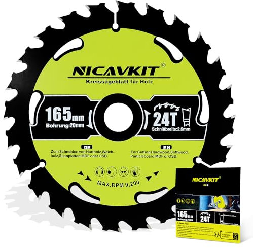NICAVKIT Ø165 x 20 mm Kreissägeblatt für Holz (Sägeblatt für Holz, Ø165 x 20 x 2,5 mm, 24 Zähne, Zubehör Kreissäge) Hartmetall-Zähne kreissägeblätter, Geeignet für Weich- und Hartholz