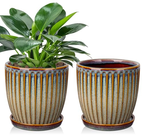 Oairse Set med 2 keramiska räfflad ytterkruka, blomkrukor med dräneringshål för inomhusväxter, retrodekoration för trädgårdsbehållarset utomhus, diameter öppning 15 cm, vintage brun