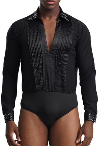 TTAO Herren Latein Hemd V-Ausschnitt Glitzer Body Einteiler mit Knöpfen im Schritt Trikot Tanz Kostüm Salsa Samba Chacha Moderne Tanzkostüm Schwarz M
