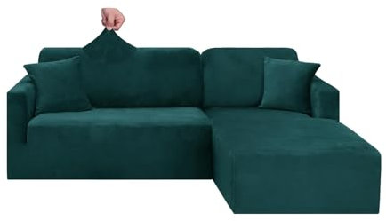 Samt-Sofabezug-Set in L-Form, für linke/rechte Eck-Chaiselongue-Sofa, 2-teilig, universelle Passform, grün, 1-Sitzer (90 - 140 cm)