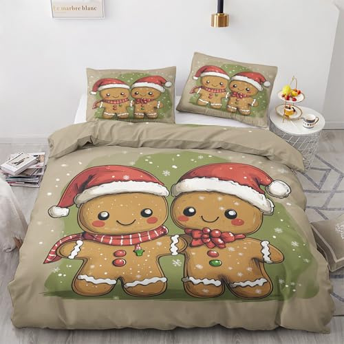 Housse de Couette 240 x 260 Noël - Decoration Noël, Parure de Lit 2 Personnes Enfant Bonhomme en Pain D'Épice, Linge de Lit en Microfibre Douce avec Fermeture éclair, 2 Taies d'oreiller 65x65 cm J*&17