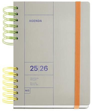 Miquelrius - Skolkalender 2025 2026, september till augusti, storlek 164 x 218 mm, dag sida, dubbel tvåfärgad spiral, hårt omslag, gummiförslutning, spanska-engelska-portugisiska