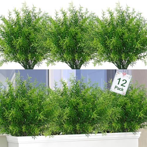 Dremisland 12PCS Artificial Plants Outdoor Artificial Shrubs Fake Greenery Shrubs Faux Ferns Outdoors UV Resistant Boston Fern Fake Rosemary Plants Grass for Outside Garden Window Boxes Porch Planter