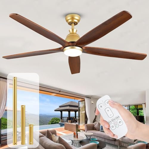 Ventilatore da soffitto dorato da 52 pollici con luci e telecomando, ventilatore da soffitto in legno con luce, motore DC silenzioso dimmerabile a 5 pale, ventilatori da soffitto da fattoria per est