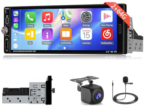Android 2+64G Carplay Radio 1 DIN Radio Coche con Wireless Carplay Android Auto, 6.9 Pulgadas Pantalla Táctil 1080P Desmontable 1DIN Radio WiFi/GPS/Bluetooth/FM/SWC/Mirror Link/Cámara de Respaldo/Mic