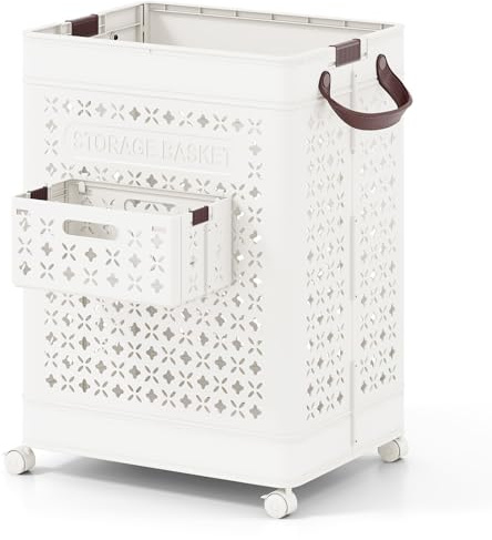 GOPLUS Panier à Linge Pliant, Chariot à Linge Mobile avec Petit Panier Latéral, roulettes Verrouillables, Poignées Pratiques, Organiseur Pliable pour Buanderie (43,5x34x61CM)