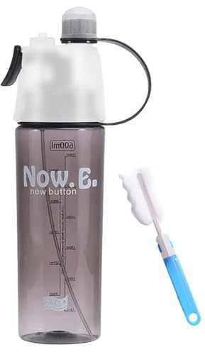 600ml Spray Water Bottle, Mist Function Cycling Water Bottles with Straw, Leak-Proof Hydration Drinking Bottles with Cleaning Brush, Portable Misting Sports Bottle for Outdoor Hiking Fitness (Black)