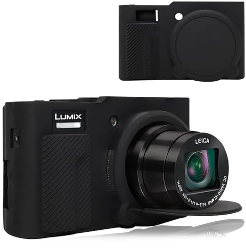 BOVKE Silicone Case for Panasonic Lumix DC-TZ99 Compact Travel Zoom Digital Camera, Soft Rubber LUMIX DC-TZ99E Protective Case with Removeable Lens Cover, Anti-Slip Grip, Black+Black
