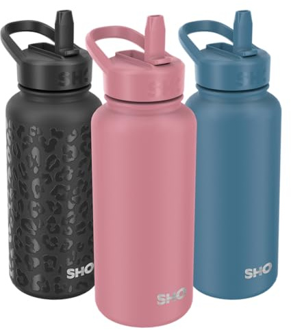 SHO Guzzler Insulated Stainless Steel Water Bottle (Vintage Rose, 950ml) | Fast Flow Straw Lid, Leakproof, 24H Cold, Dishwasher Safe, Carry Handle, BPA-Free, No Condensation