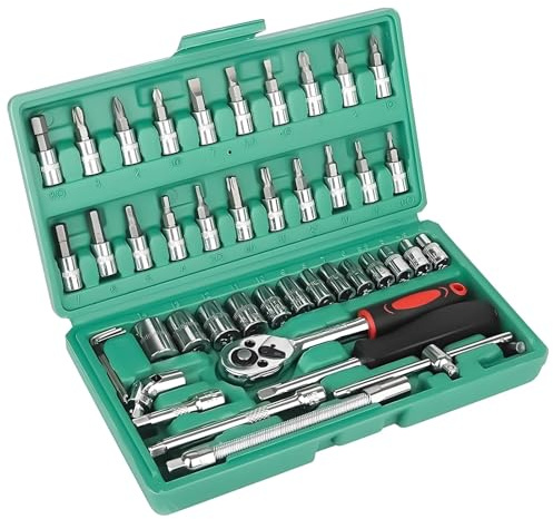 BOGJFC 46Pc 1/4-Pulgada Juego De Dados Carraca Y Llave De Par Para Reparación De Coches Y Taller Doméstico Liberación Rápida 45 Dientes Acero Cromo Vanadio Maletín Verde/Rojo/Negro(Green 46PCS)
