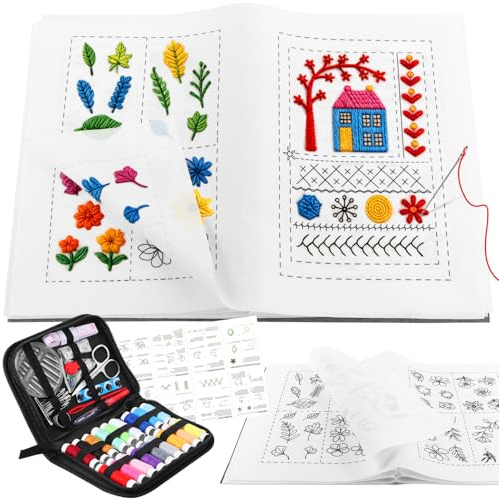 WDZGX Kit Bordado Embroidery Set de Bordado Terapeutico Libro de Bordado a Mano para Principiantes con Kit de Costura Instrucciones para Adultos, Amantes de las Manualidades (Set C)