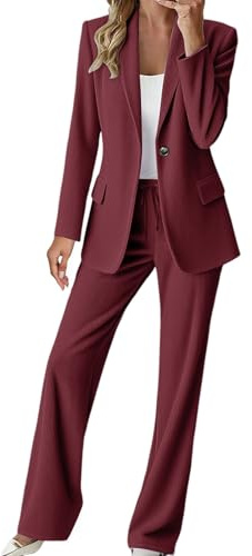 Damkläder, 2-delad klädsel, kvinnors affärskostym set – elegant kontorsarbete manchesterset bekväm smal passform blazers rockar och hög midja breda ben byxor enfärgad formell outfit höst, vin, S