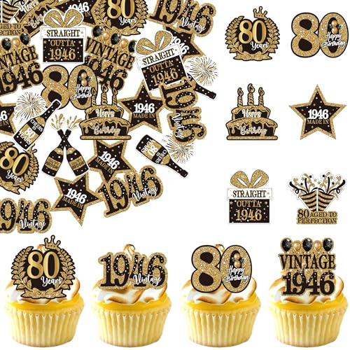 SYKYCTCY 60 Pack Edible Happy 80th Birthday Cupcake Toppers Eighty Vintage 1946 Cupcake Picks Cheers to 80 Years Decorations for Happy 80th Birthday Party Cake Decorations Supplies