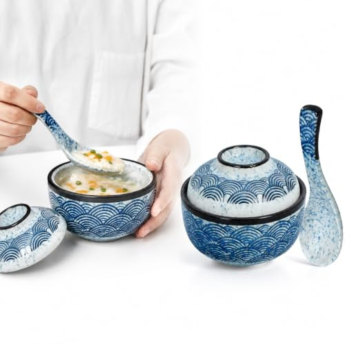 FOMIYES Bol à Soupe en Céramique Japonaise Ondulé 2 Pcs avec Couvercle et Cuillère, Bol à Ramen Multifonction, Résistant la Chaleur, Stable et Antidérapant, pour Soupe Miso et Repas