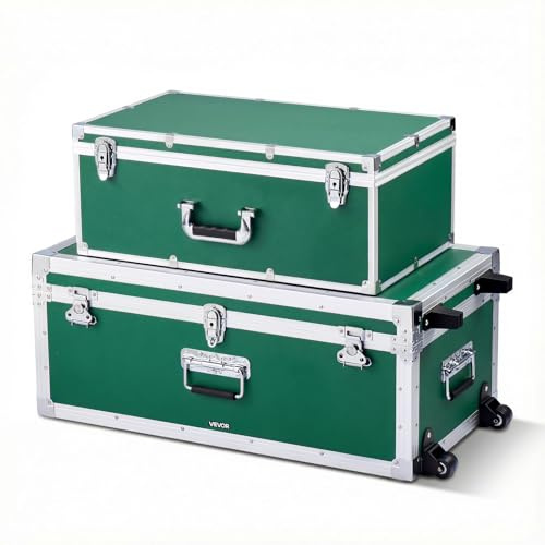 VEVOR Storage Trunk, Set of 2, Wooden Suitcase Storage Boxes with Padlocks, Large Trunk Includes Casters and 3 Metal Handles, Decorative Store Chest with Lids for Travel, Apartment, Dorm, Green