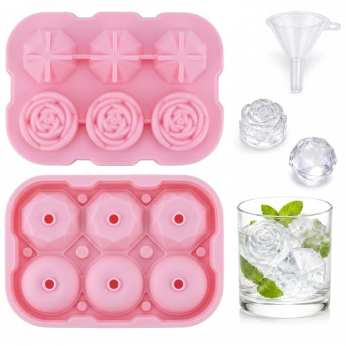 Cubitera Silicona Forma De Rosa,Moldes De Cubitos Hielo Silicona, 3D En Forma De Bolas De Hielo Con Diamantes De RosaPara Cócteles Refrescantes, Whisky, Bourbon Y Zumos Caseros-Rosa