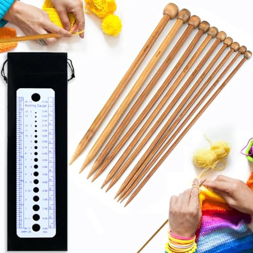 Agujas de Tejer Punto,Agujas de Tejer Bambu,Juego de Agujas de Tejer para Principiantes y Profesionales con Bolsa de Almacenamiento y Reglas,2.5 mm a 8 mm(10 Pares/20 Piezas)